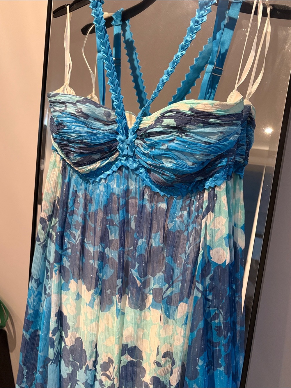 BCBGMaxAzria Blue Floral Maxi Dress with Braided Straps US8